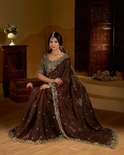 Chocolate Color Satin Silk Saree with Heavy Embroidered Work