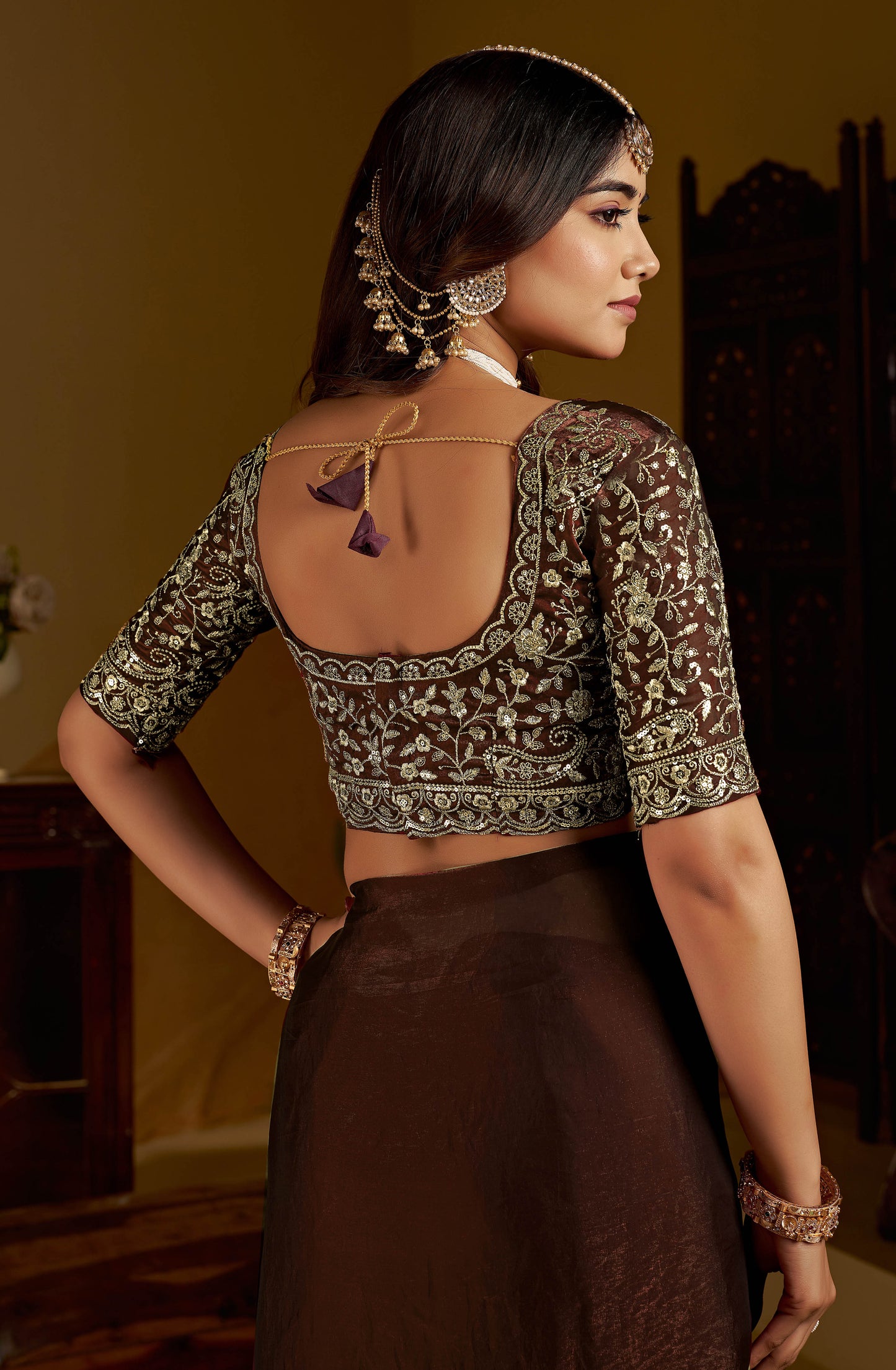 Chocolate Color Satin Silk Saree with Heavy Embroidered Work