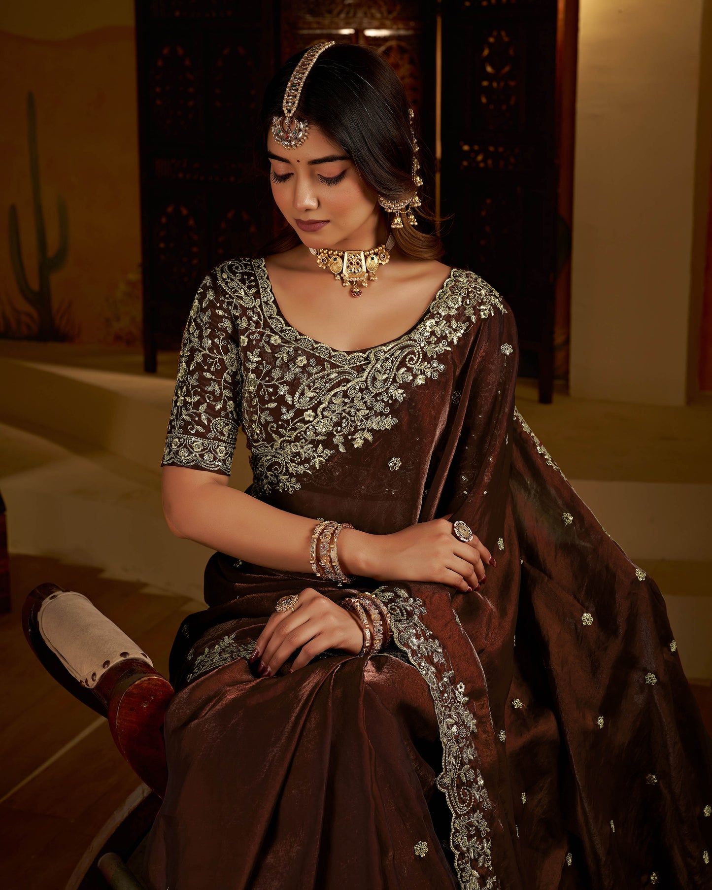Chocolate Color Satin Silk Saree with Heavy Embroidered Work