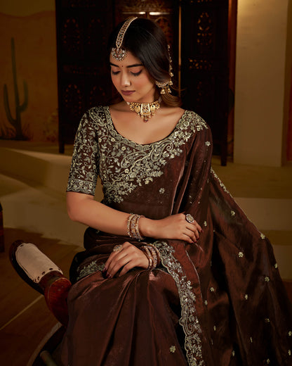Chocolate Color Satin Silk Saree with Heavy Embroidered Work