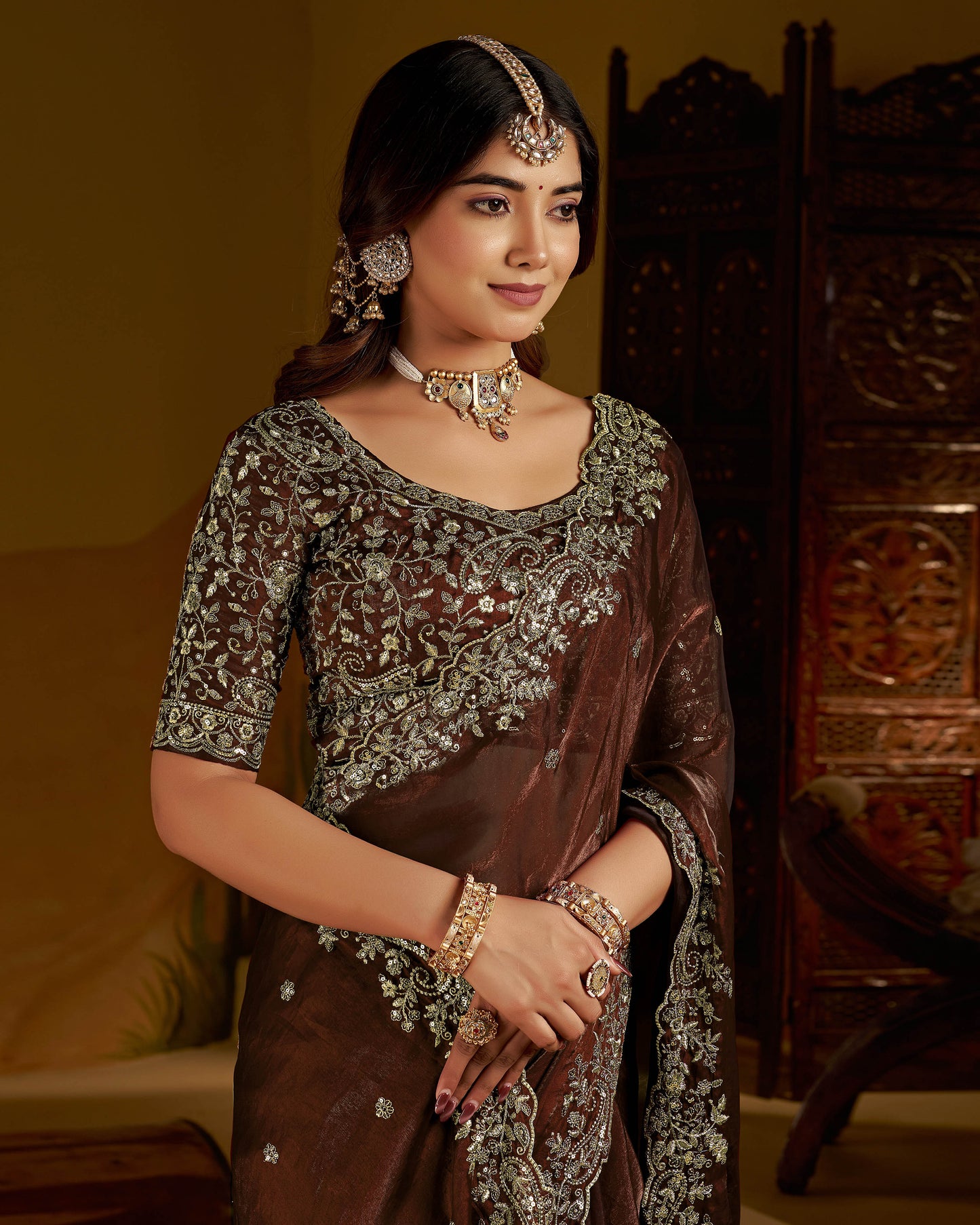 Chocolate Color Satin Silk Saree with Heavy Embroidered Work