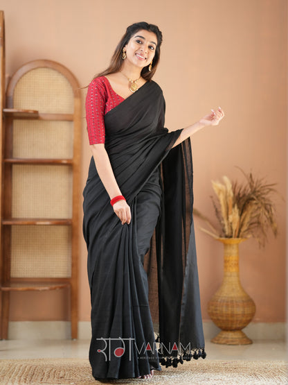 Raag Varnam Black Handloom Cotton Saree With Designer Blouse