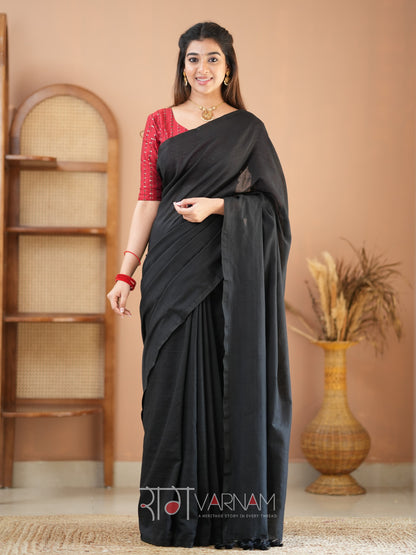 Raag Varnam Black Handloom Cotton Saree With Designer Blouse