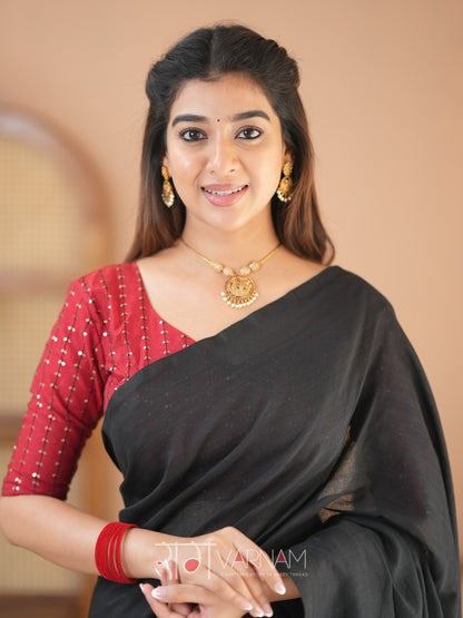 Raag Varnam Black Handloom Cotton Saree With Designer Blouse
