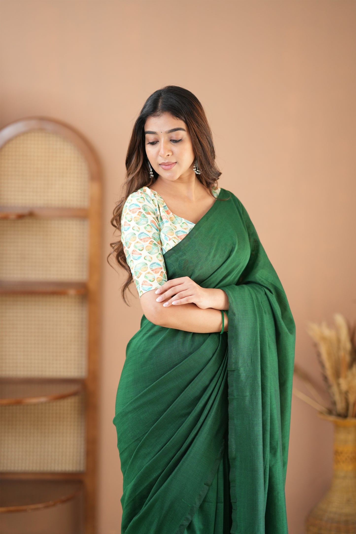Raag Varnam Green Handloom Cotton Saree with Designer Printed Blouse