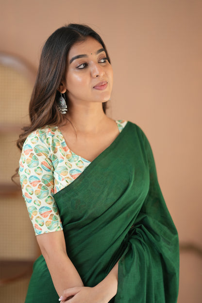 Raag Varnam Green Handloom Cotton Saree with Designer Printed Blouse