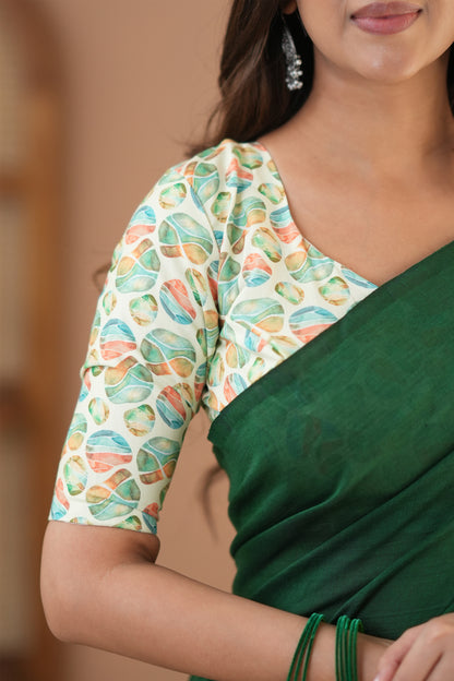 Raag Varnam Green Handloom Cotton Saree with Designer Printed Blouse