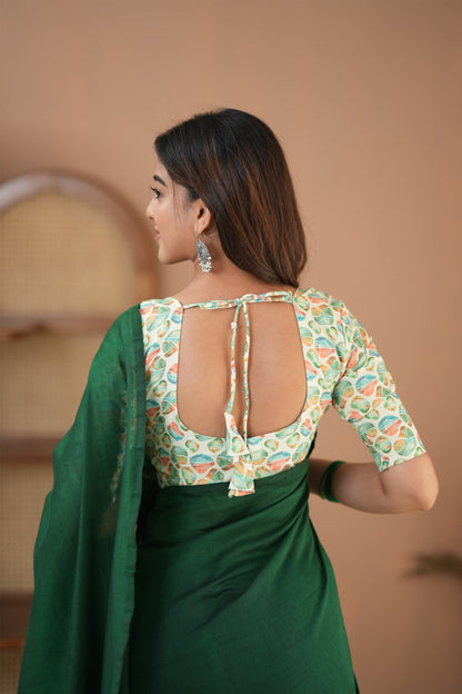 Raag Varnam Green Handloom Cotton Saree with Designer Printed Blouse