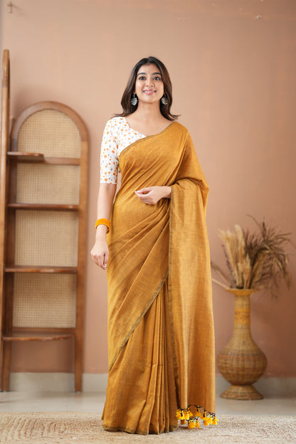 Raag Varnam Mustard Handloom Cotton Saree with Designer Printed Blouse