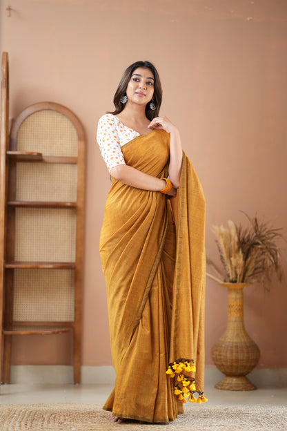 Raag Varnam Mustard Handloom Cotton Saree with Designer Printed Blouse
