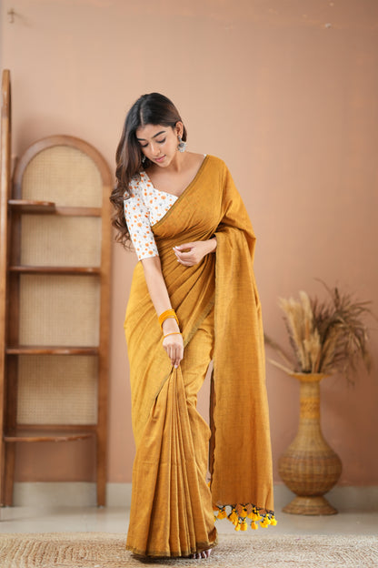 Raag Varnam Mustard Handloom Cotton Saree with Designer Printed Blouse