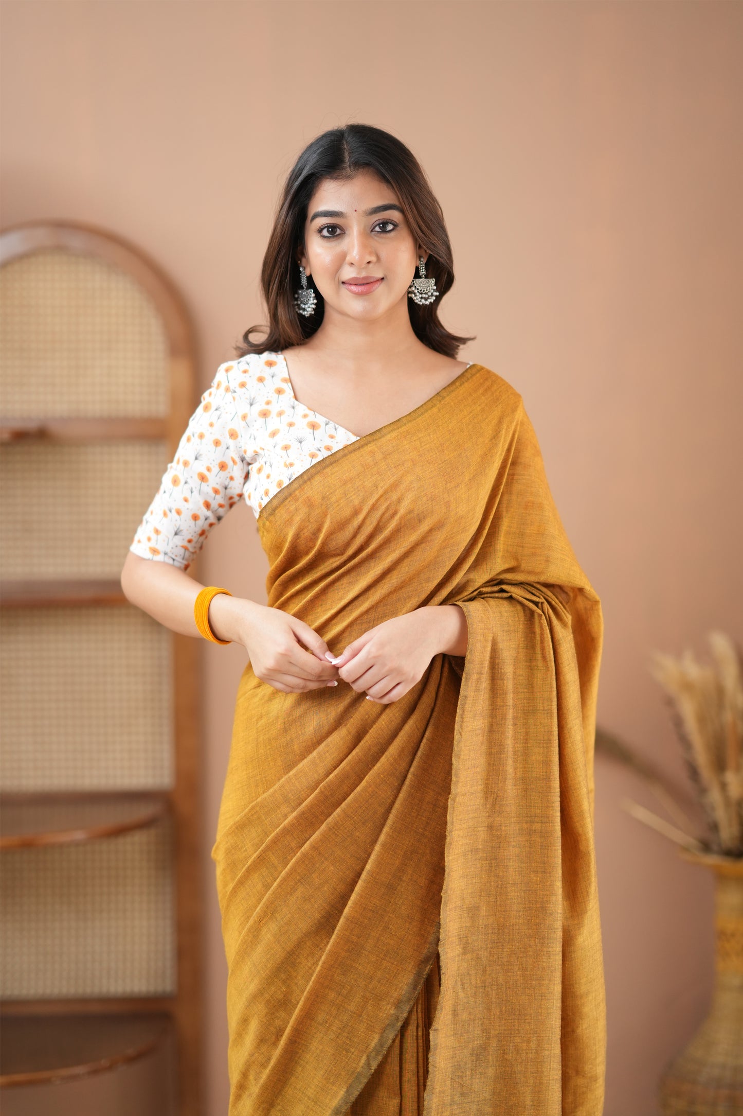 Raag Varnam Mustard Handloom Cotton Saree with Designer Printed Blouse