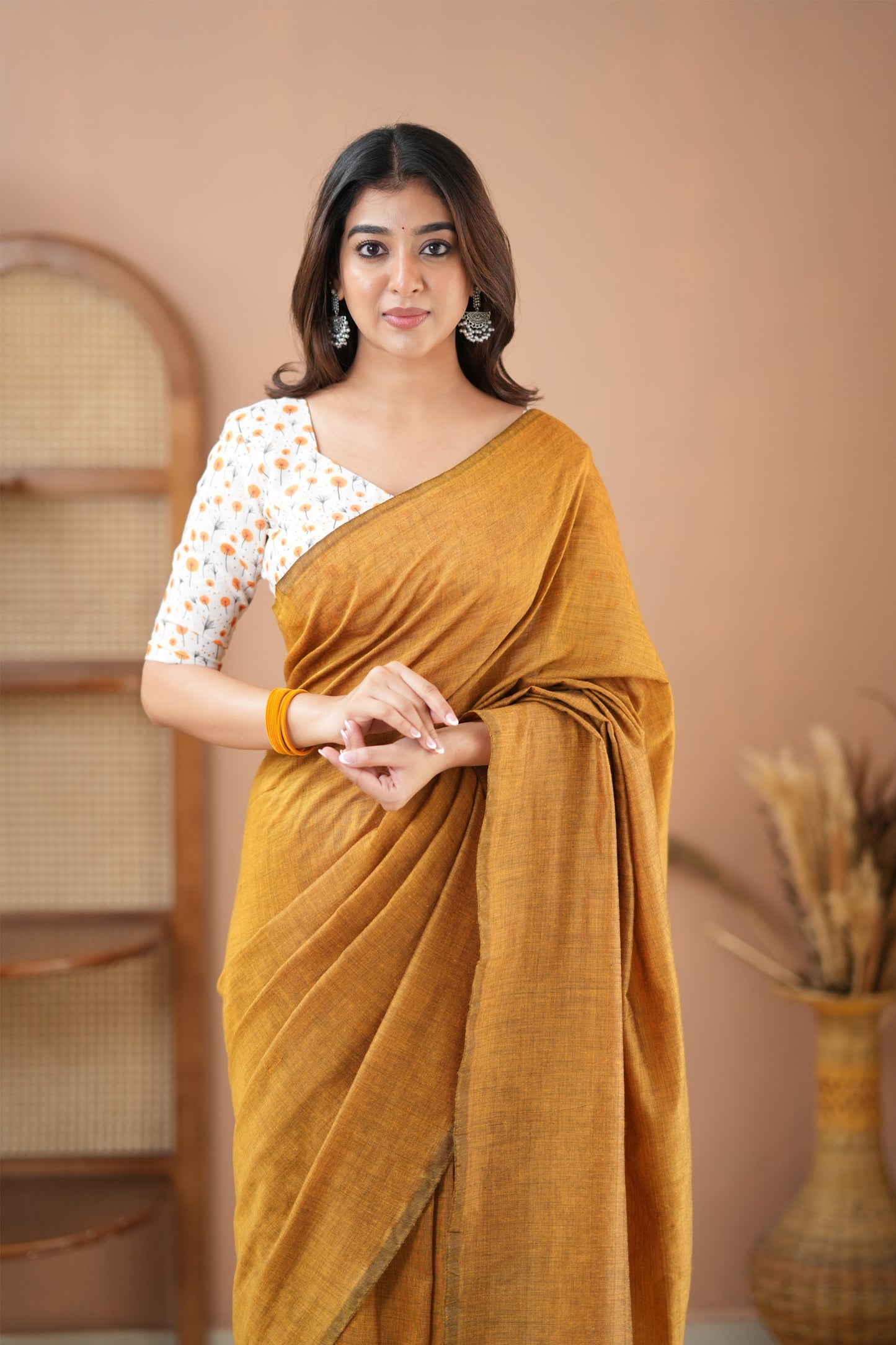 Raag Varnam Mustard Handloom Cotton Saree with Designer Printed Blouse