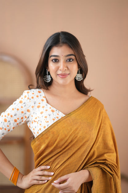 Raag Varnam Mustard Handloom Cotton Saree with Designer Printed Blouse
