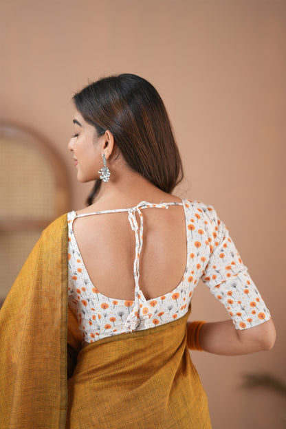Raag Varnam Mustard Handloom Cotton Saree with Designer Printed Blouse