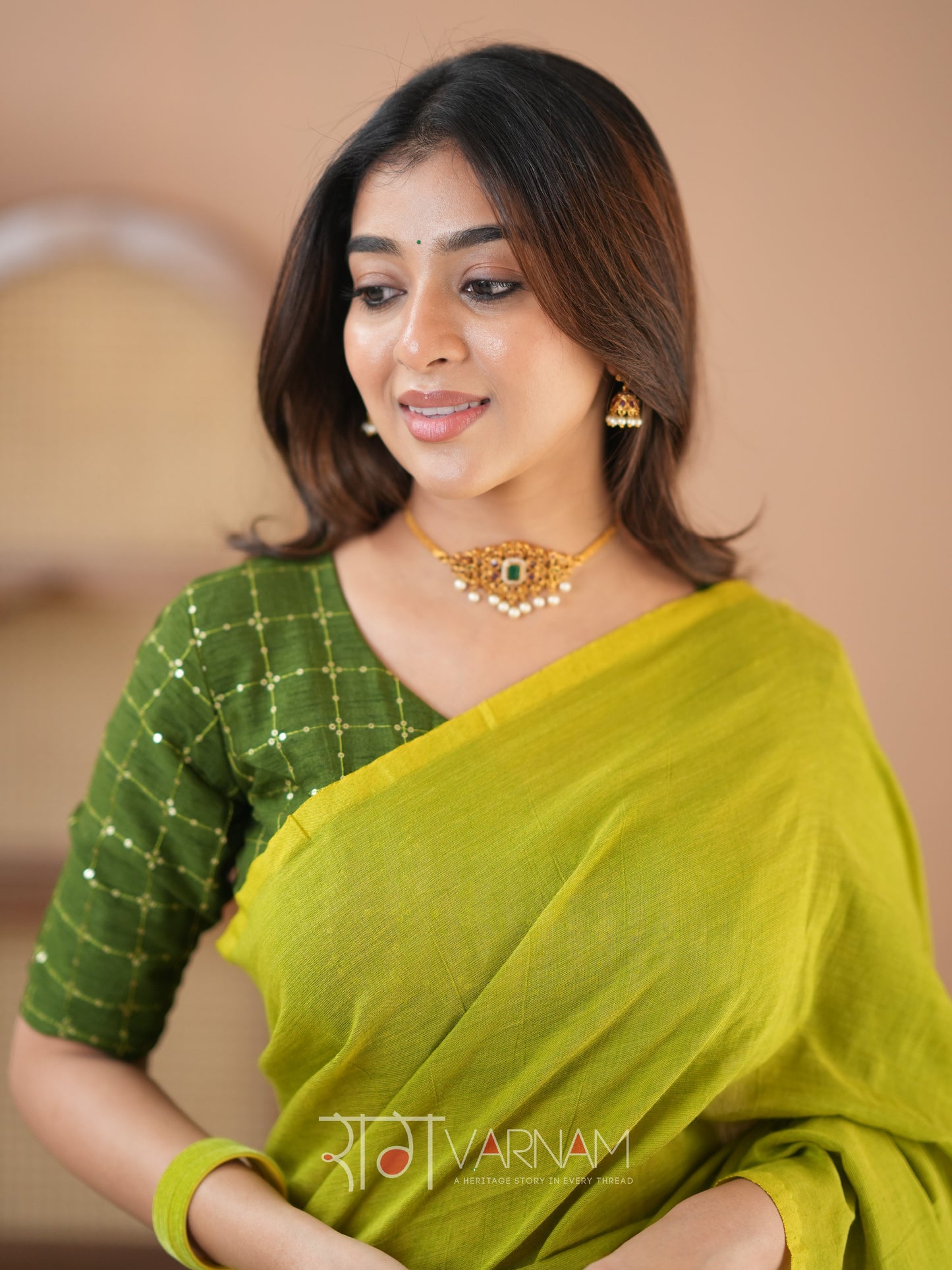 Raag Varnam Green Handloom Cotton Saree With Designer Blouse