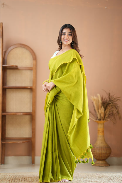 Raag Varnam Parrot Green Handloom Cotton Saree with Designer Printed Blouse