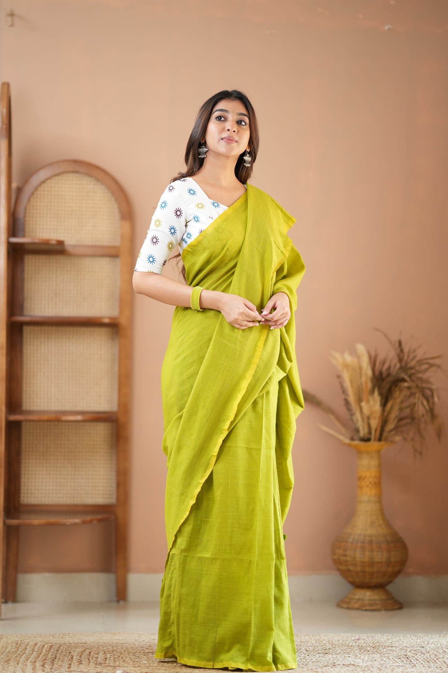 Raag Varnam Parrot Green Handloom Cotton Saree with Designer Printed Blouse