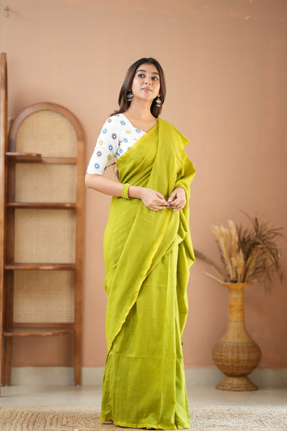 Raag Varnam Parrot Green Handloom Cotton Saree with Designer Printed Blouse