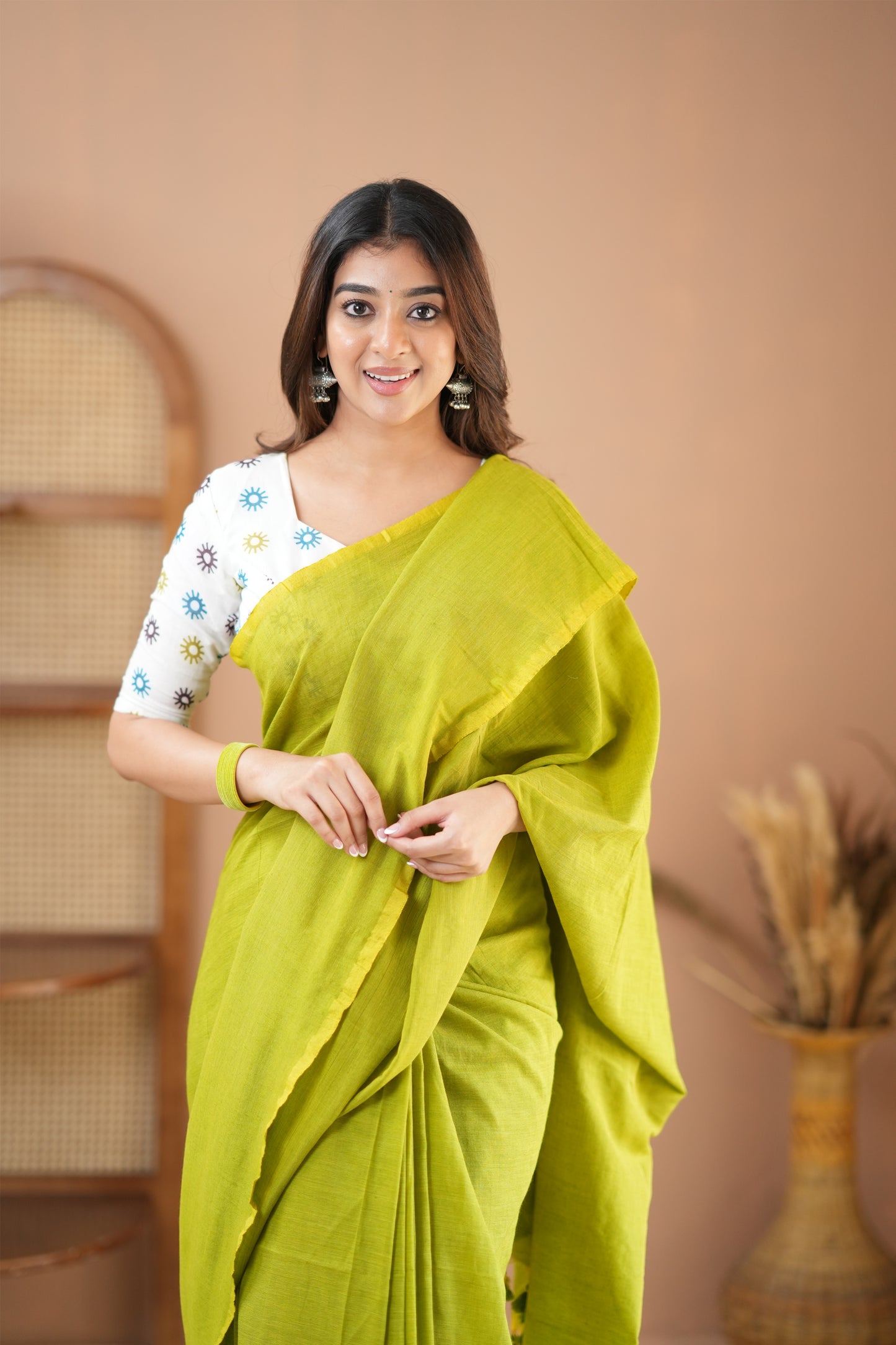 Raag Varnam Parrot Green Handloom Cotton Saree with Designer Printed Blouse