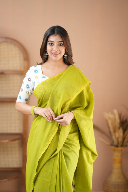 Raag Varnam Parrot Green Handloom Cotton Saree with Designer Printed Blouse