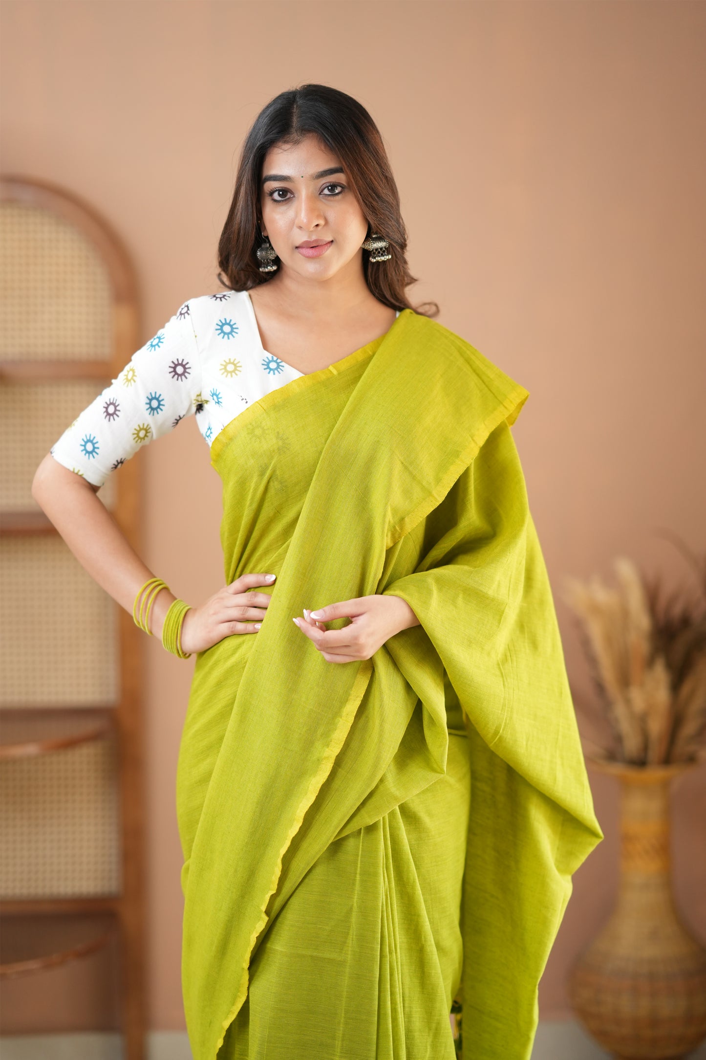 Raag Varnam Parrot Green Handloom Cotton Saree with Designer Printed Blouse