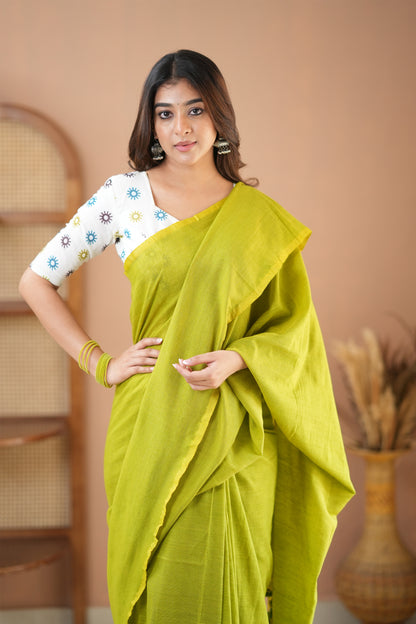 Raag Varnam Parrot Green Handloom Cotton Saree with Designer Printed Blouse