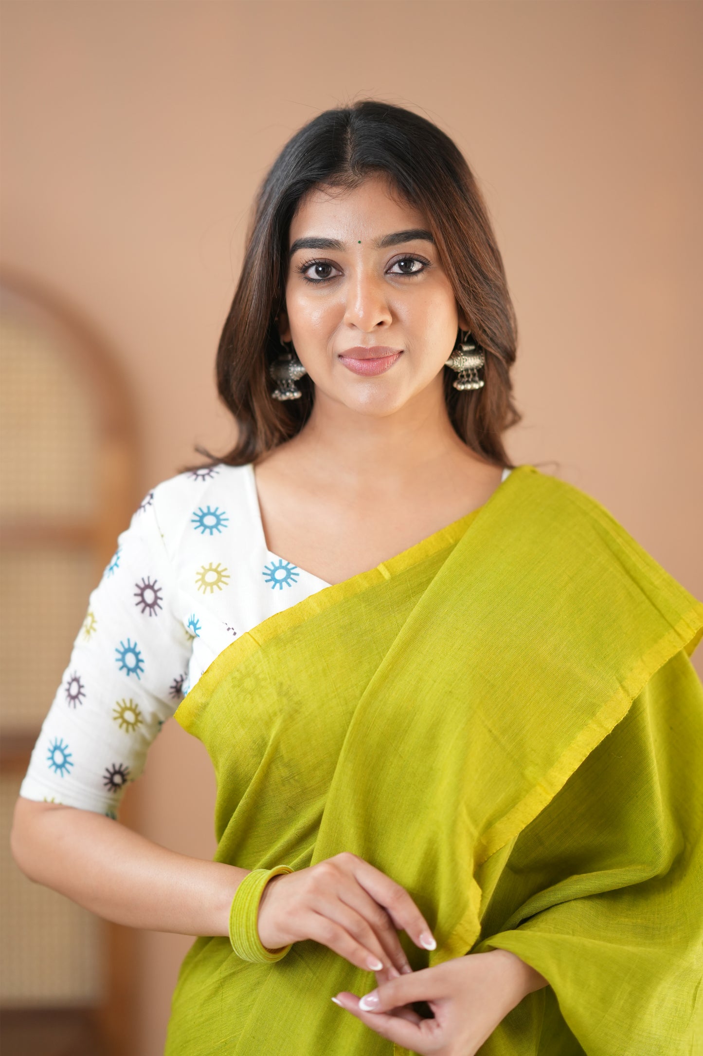Raag Varnam Parrot Green Handloom Cotton Saree with Designer Printed Blouse