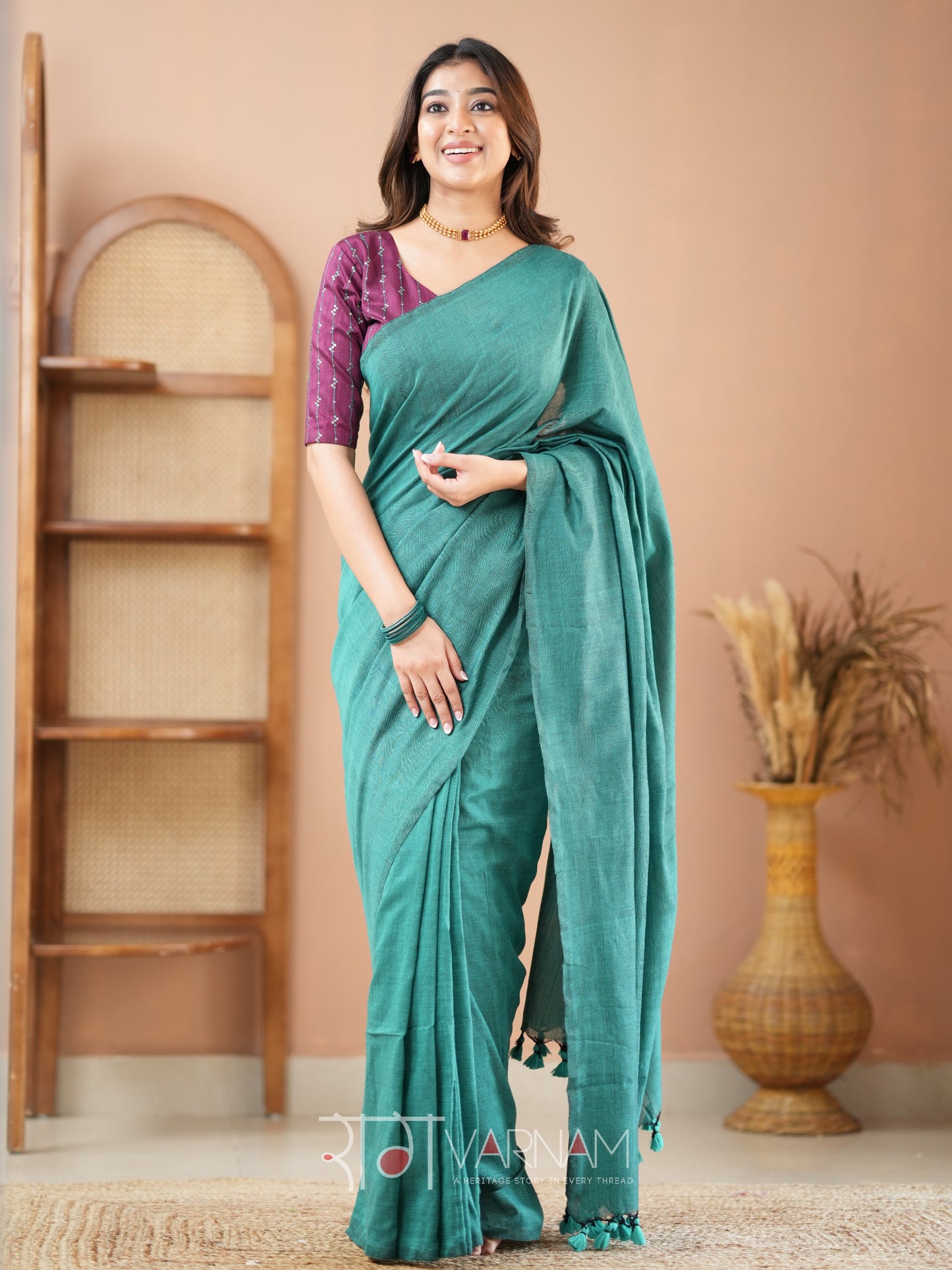 Raag Varnam Rama Green Handloom Cotton Saree With Designer Blouse