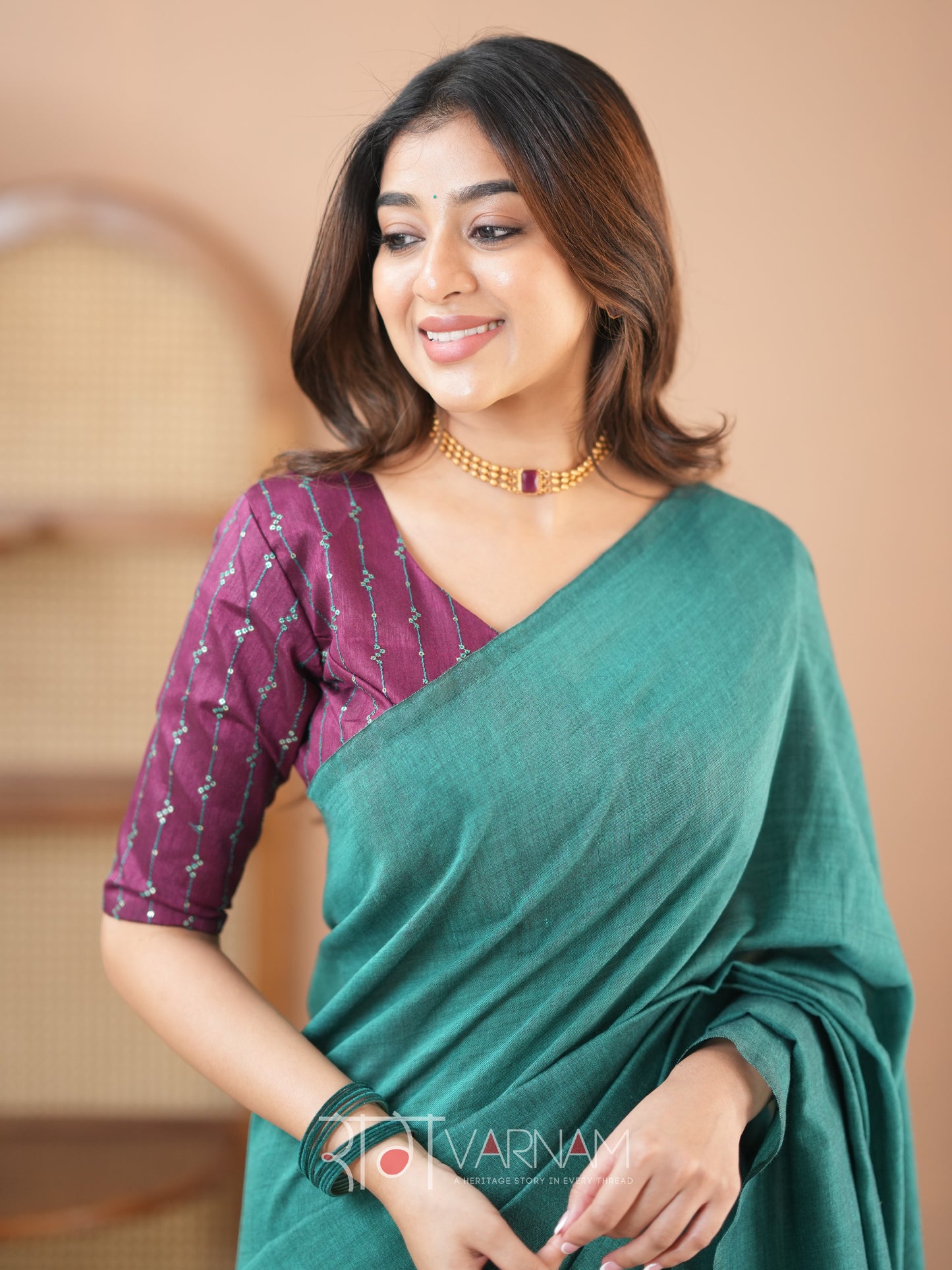 Raag Varnam Rama Green Handloom Cotton Saree With Designer Blouse