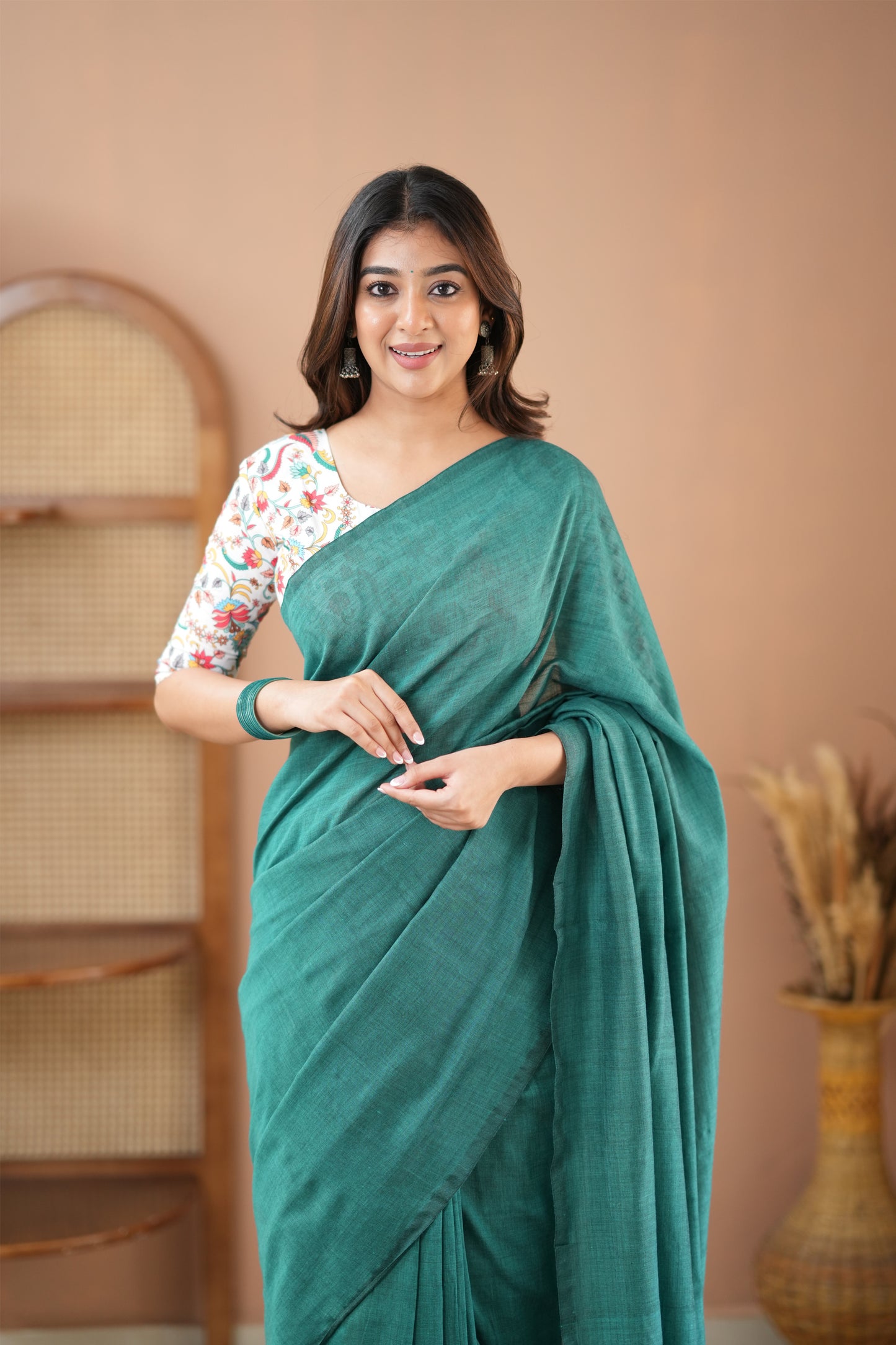 Raag Varnam Rama Green Handloom Cotton Saree with Designer Printed Blouse