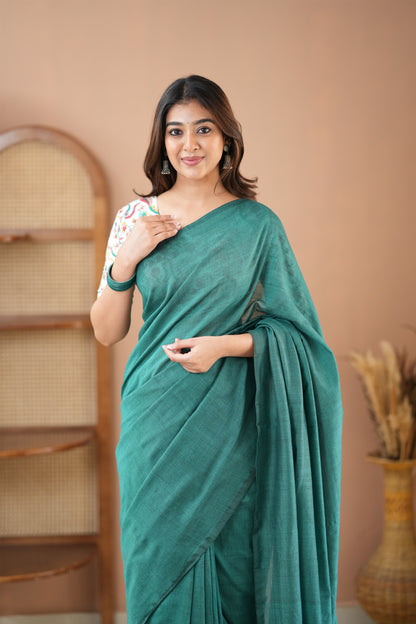 Raag Varnam Rama Green Handloom Cotton Saree with Designer Printed Blouse