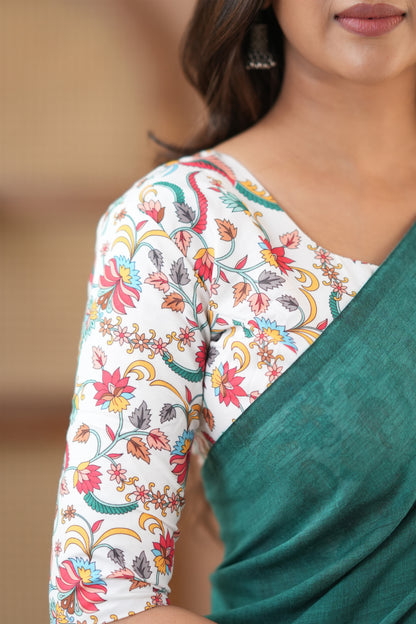 Raag Varnam Rama Green Handloom Cotton Saree with Designer Printed Blouse