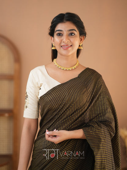 Raag Varnam Brown Stripe Cotton Saree Designer Work Blouse