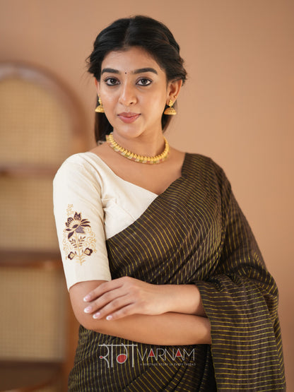 Raag Varnam Brown Stripe Cotton Saree Designer Work Blouse