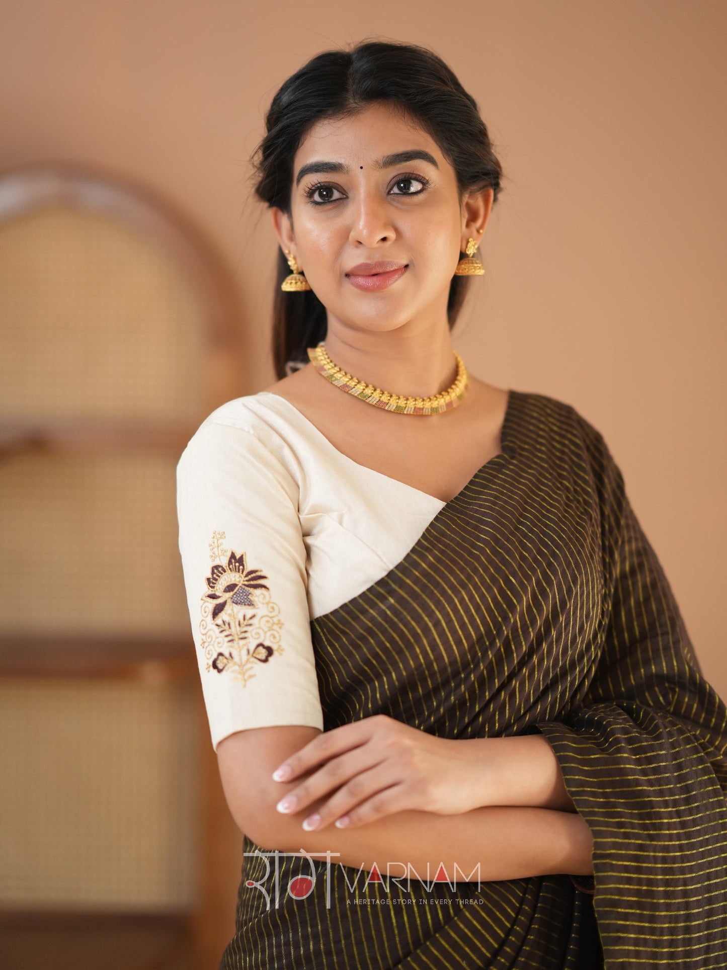 Raag Varnam Brown Stripe Cotton Saree Designer Work Blouse