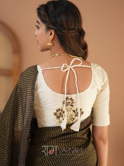 Raag Varnam Brown Stripe Cotton Saree Designer Work Blouse