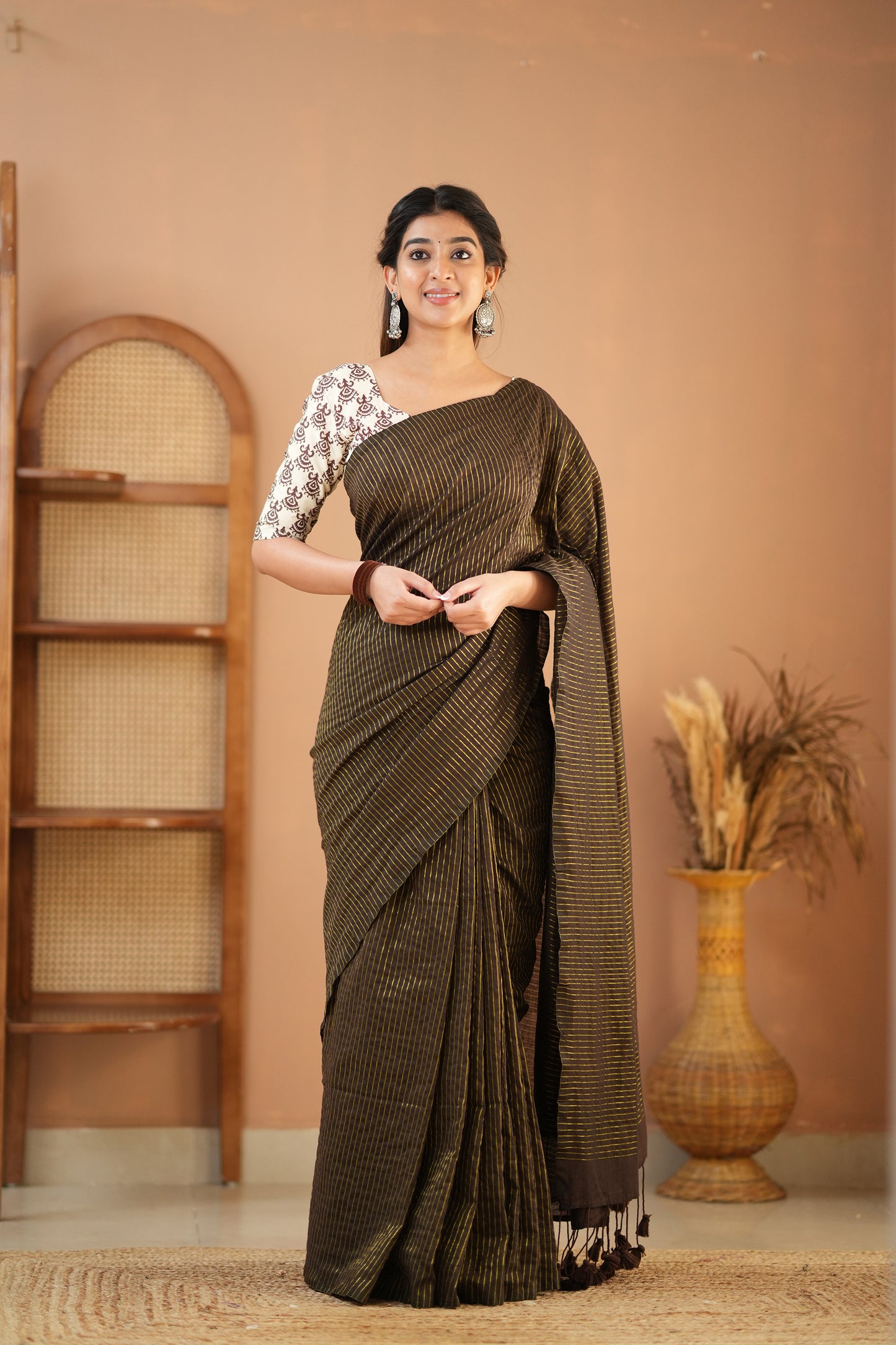 Raag Varnam Brown Stripe Cotton Saree with Designer Printed Blouse