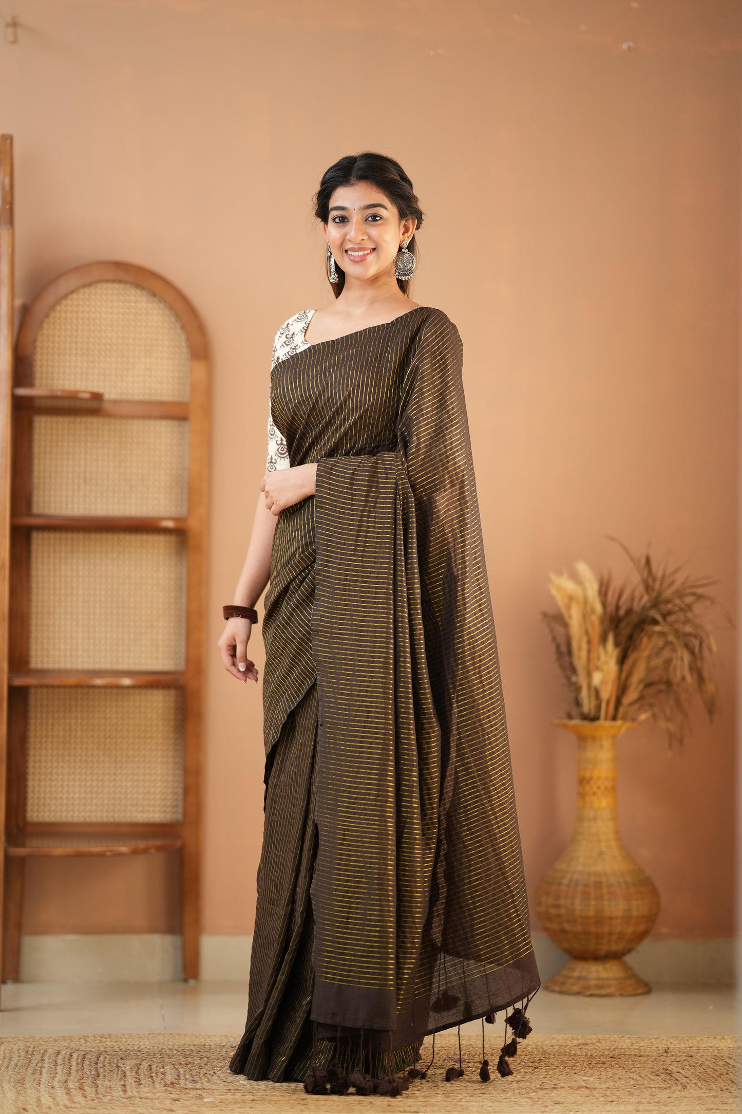 Raag Varnam Brown Stripe Cotton Saree with Designer Printed Blouse