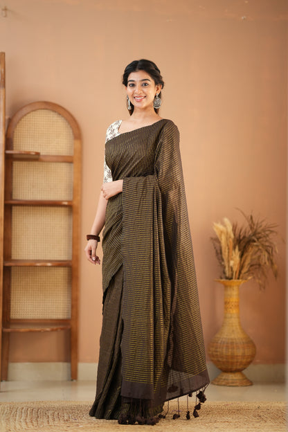 Raag Varnam Brown Stripe Cotton Saree with Designer Printed Blouse