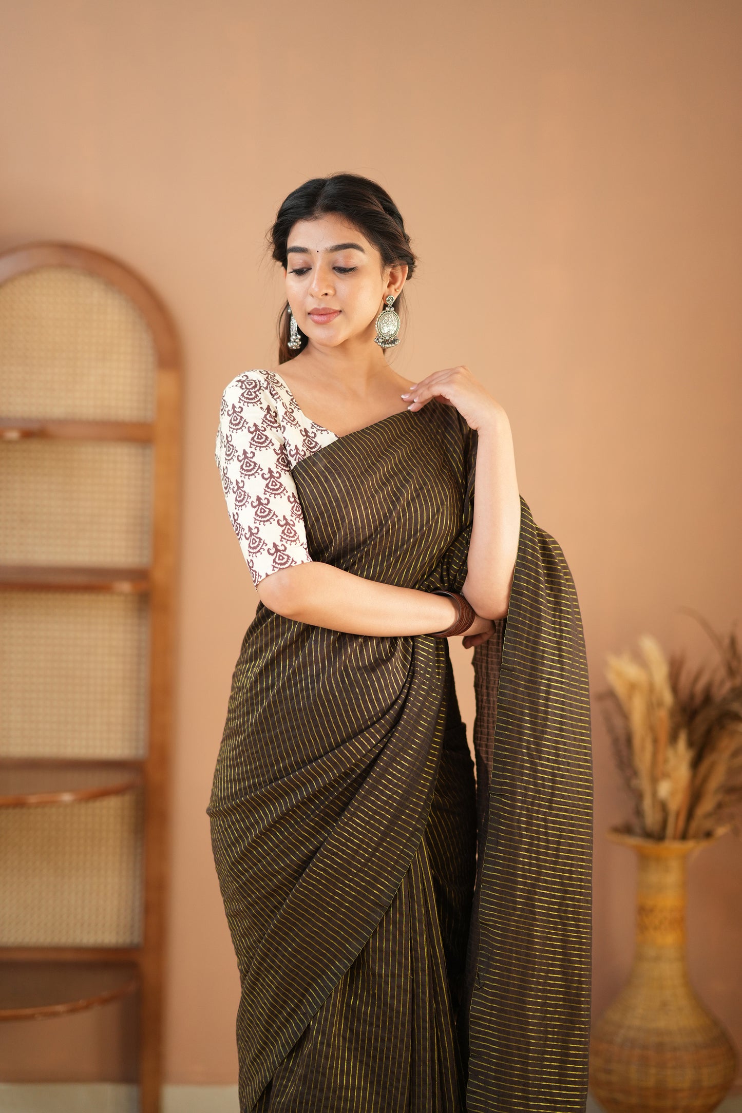 Raag Varnam Brown Stripe Cotton Saree with Designer Printed Blouse