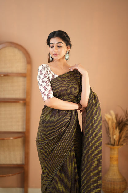 Raag Varnam Brown Stripe Cotton Saree with Designer Printed Blouse
