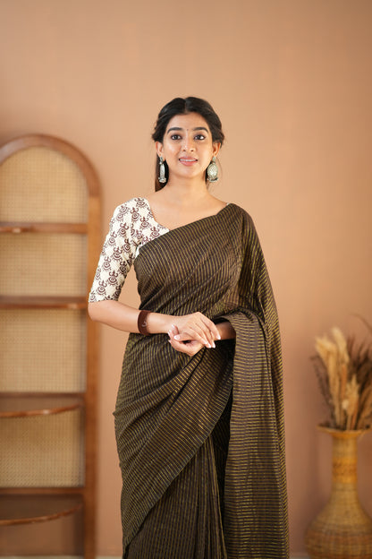 Raag Varnam Brown Stripe Cotton Saree with Designer Printed Blouse