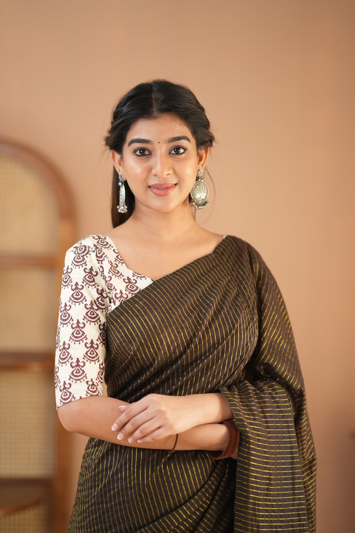 Raag Varnam Brown Stripe Cotton Saree with Designer Printed Blouse