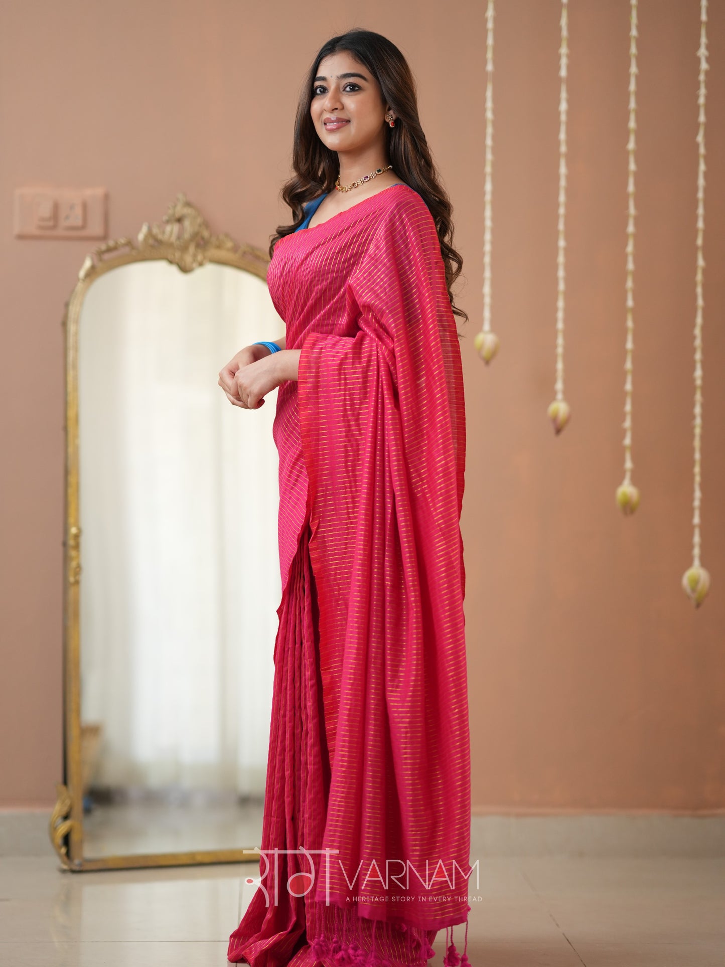 Raag Varnam Pink Stripe cotton Saree designer Work Blouse