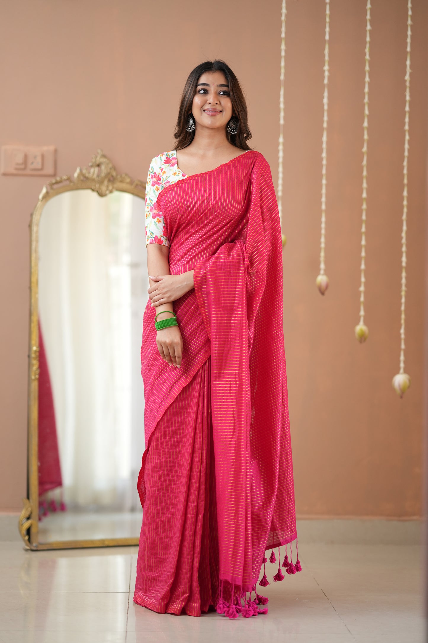 Raag Varnam Pink Stripe Cotton Saree with Floral Designer Blouse