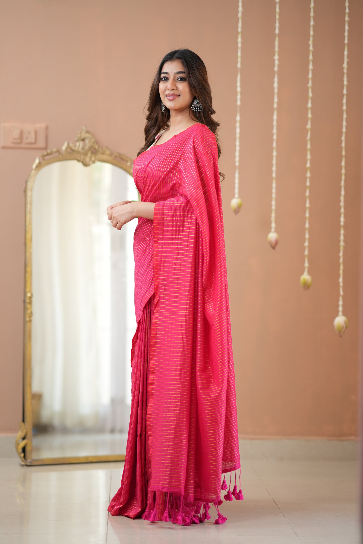 Raag Varnam Pink Stripe Cotton Saree with Floral Designer Blouse