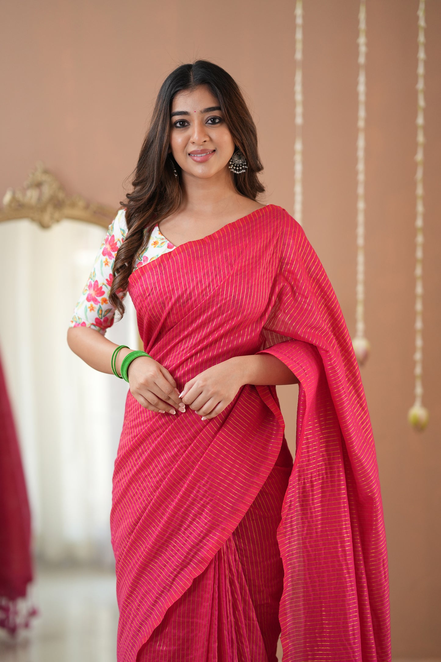 Raag Varnam Pink Stripe Cotton Saree with Floral Designer Blouse
