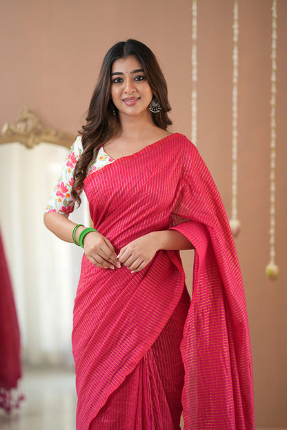Raag Varnam Pink Stripe Cotton Saree with Floral Designer Blouse