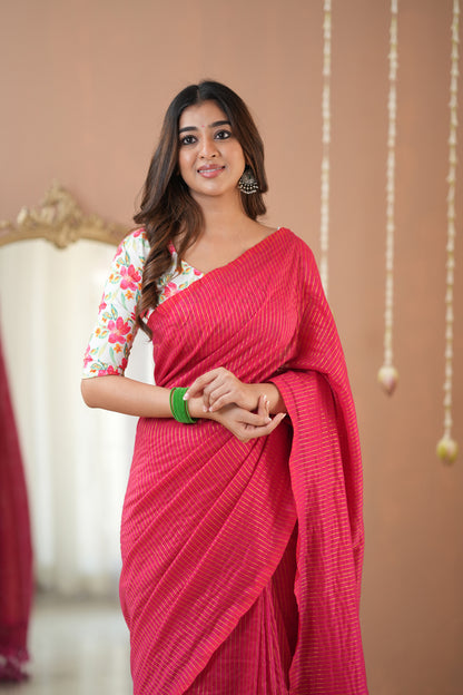 Raag Varnam Pink Stripe Cotton Saree with Floral Designer Blouse